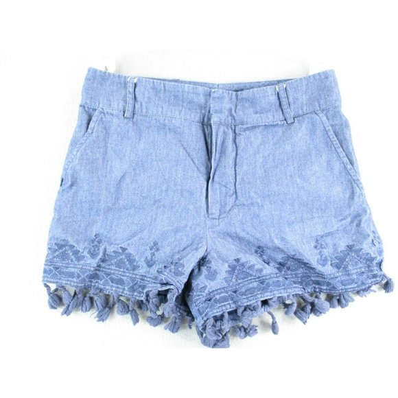 Parker Pants - Parker Shorts Womens 0 Blue Chambray Denim Lace Cut Out Tassels 100% Cotton